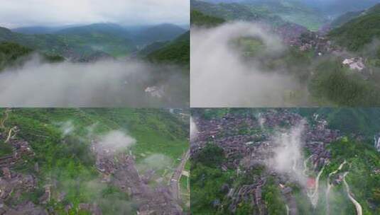 贵州千户苗寨清晨云雾缭绕航拍影像合集高清在线视频素材下载
