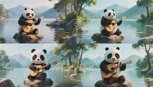 熊猫坐石上弹吉他高清在线视频素材下载