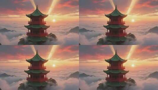 云海中的中式古亭日落景象高清在线视频素材下载