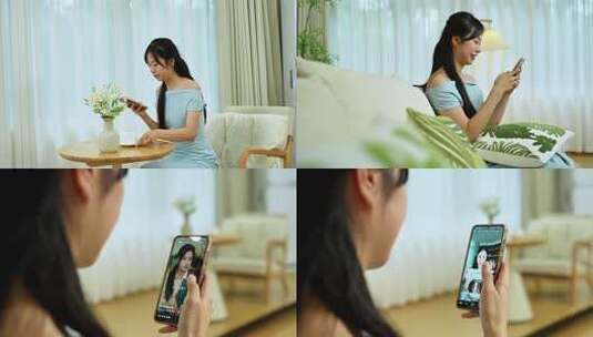 女性沙发上使用手机高清在线视频素材下载