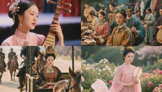 古代古典美女 清宫女子群像 美人与琵琶高清在线视频素材下载