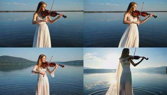 湖畔女子拉小提琴高清在线视频素材下载