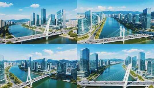 城市河流桥梁与现代建筑景观高清在线视频素材下载