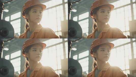 专注女工程师厂房车间里思考高清在线视频素材下载