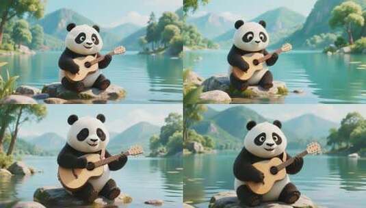 卡通熊猫湖边弹吉他场景高清在线视频素材下载