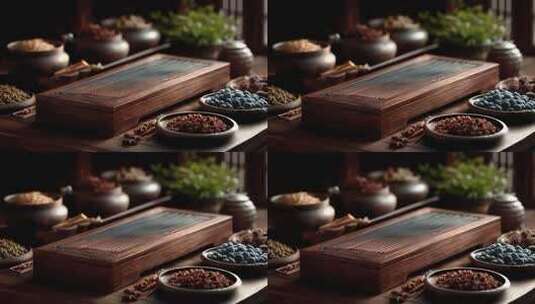 中药材与茶具营造养生静谧氛围高清在线视频素材下载
