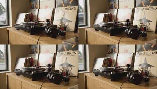 室内黑胶唱片机及唱片展示高清在线视频素材下载