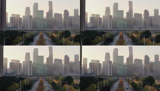 杭州钱江世纪城麦田CBD高铁驶过航拍高清在线视频素材下载