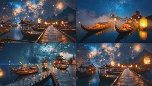 星夜水乡灯笼映照宁静港湾夜晚景色水乡风情高清在线视频素材下载