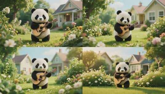 熊猫玩偶户外弹吉他画面高清在线视频素材下载