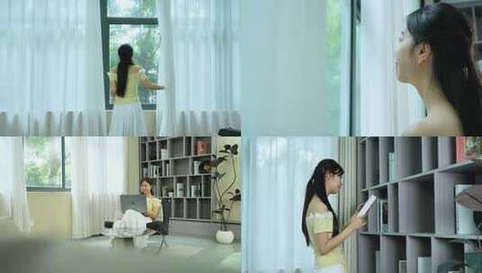 女生居家休闲看窗外美好微笑高清在线视频素材下载