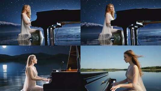 女子湖畔优雅弹奏钢琴高清在线视频素材下载