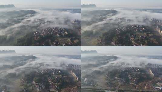 乡村云雾缭绕的航拍景象高清在线视频素材下载