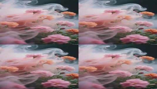 烟雾缭绕中的粉色橙色花卉高清在线视频素材下载