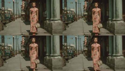 旗袍女子漫步于老上海街头高清在线视频素材下载