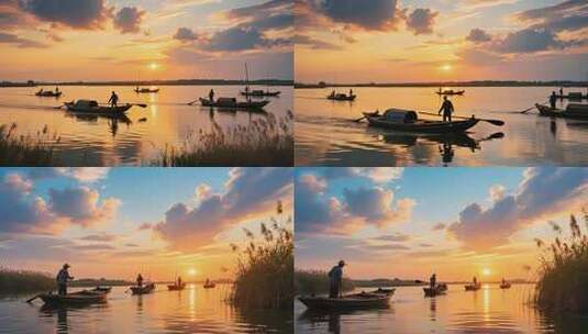夕阳下湖面渔民划船场景高清在线视频素材下载