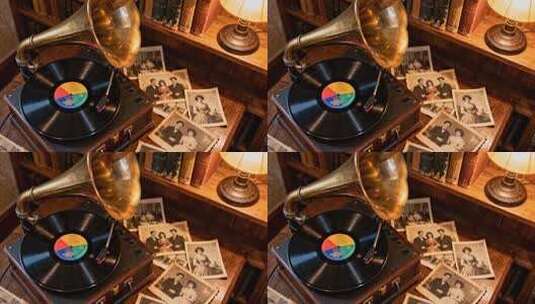 复古唱片机与老照片场景高清在线视频素材下载