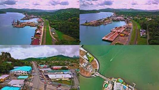 巴拿马河畔码头及周边风光航拍高清在线视频素材下载