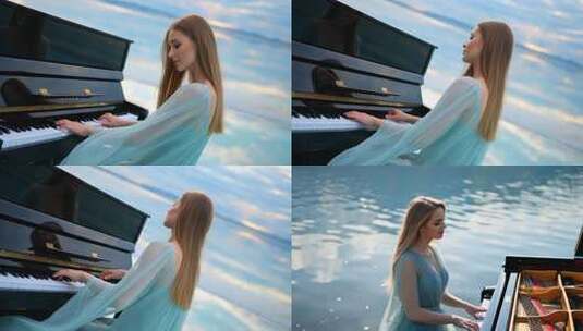 女子海边弹奏钢琴高清在线视频素材下载
