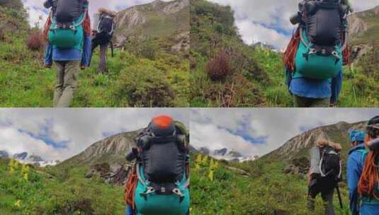 攀登格聂山区阿萨贡格雪山登山者徒步进山高清在线视频素材下载