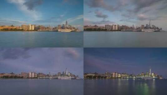 哈德逊河延时拍摄的曼哈顿日落高清在线视频素材下载