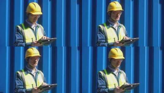 工程师拿着平板电脑在集装箱码头港口工作高清在线视频素材下载
