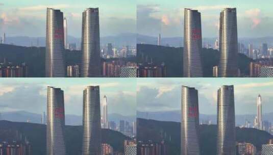 深圳星河双子塔与平安大厦航拍高清在线视频素材下载