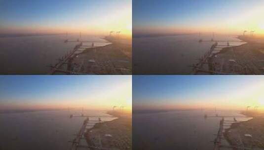逆光唯美航拍港口长江苏通大桥常熟港高清在线视频素材下载