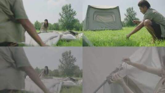 一家人野营合作搭帐篷露营高清在线视频素材下载