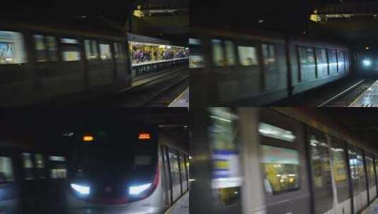 两辆火车面对行驶地铁站列车到达动车到站高清在线视频素材下载