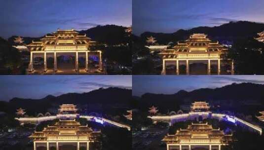 新昌大佛寺石城城墙阁楼夜景航拍高清在线视频素材下载