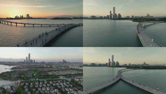 江苏苏州城市地标金鸡湖风光航拍合集高清在线视频素材下载
