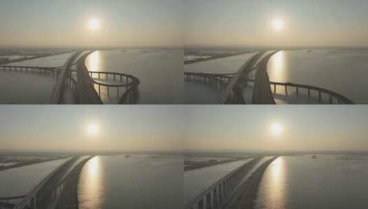 泉州湾跨海大桥航拍泉州湾大桥日落夕阳海景高清在线视频素材下载
