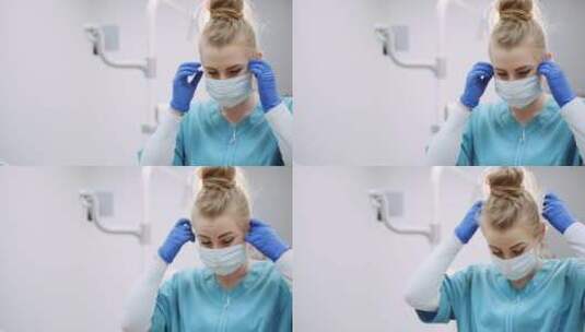 牙医在手术前戴上防护面罩高清在线视频素材下载