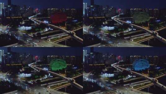 沈阳浑河桥立交桥盛京大剧院定点航拍4K高清在线视频素材下载