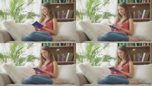 女孩坐在沙发上看书高清在线视频素材下载