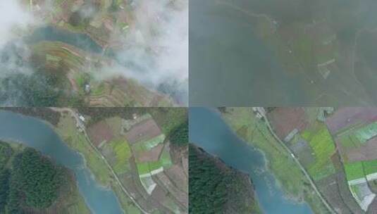 4k航拍穿越云雾下的田园河流村庄高清在线视频素材下载