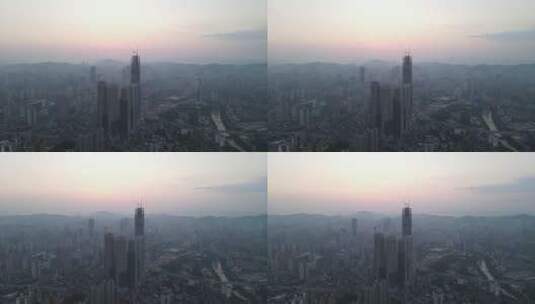 城市清晨高楼吊塔日出彩霞航拍高清在线视频素材下载