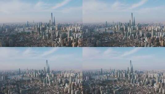 上海外滩大城市航拍蓝天高楼大厦黄浦江反光高清在线视频素材下载