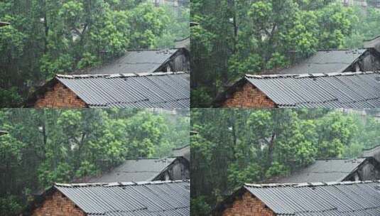 下雨-城中村屋顶倾盆大雨高清在线视频素材下载