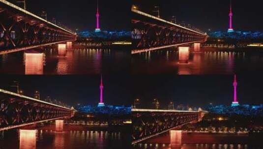 武汉长江大桥与龟山电视塔同框夜景航拍高清在线视频素材下载