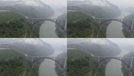 航拍高铁轨道高架桥跨河高架芙蓉镇高清在线视频素材下载