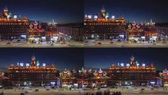 额尔古纳雪夜欧式建筑灯光夜景高清在线视频素材下载
