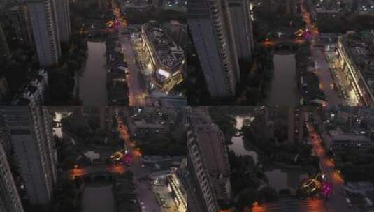杭州市拱墅区胜利河美食街夜景航拍高清在线视频素材下载