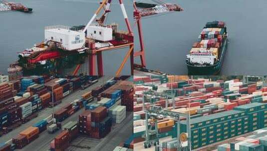 航拍扬州港轮船集装箱港口高清在线视频素材下载