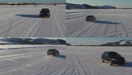 航拍 汽车在雪地奔驰高清在线视频素材下载