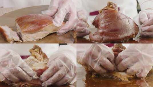 猪脚饭 切猪脚 卤味 肉撕开  猪蹄高清在线视频素材下载