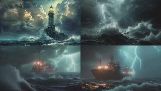 大海海浪 狂风暴雨 轮船灯塔高清在线视频素材下载