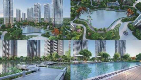 高端住宅中庭园林泳池景观三维素材高清在线视频素材下载