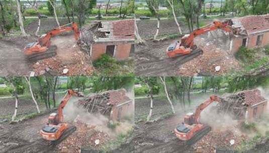 航拍挖沟机挖地施工工地拆房子高清在线视频素材下载